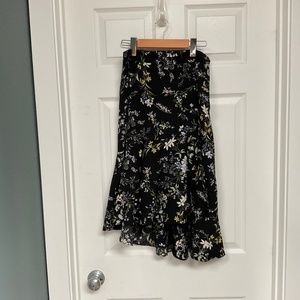 Flounced, high-low black flowered LeChateau skirt, size 4
